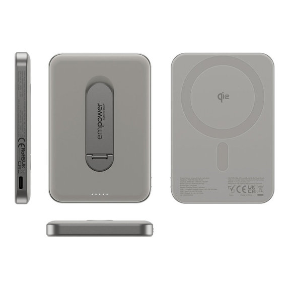 Bezdrátová PowerBank 5000 mAh, s otočným stojánkem 20 W, kompatibilní s MagSafe, Qi2/USB-C, Titanová, empower