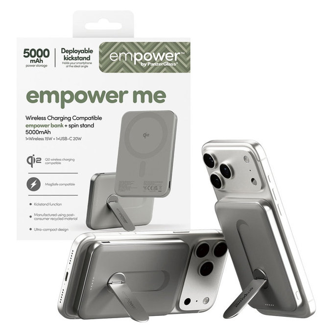 Bezdrátová PowerBank 5000 mAh, s otočným stojánkem 20 W, kompatibilní s MagSafe, Qi2/USB-C, Titanová, empower