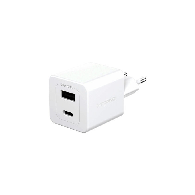 Cestovní adaptér Grand Prix USB-C/USB-A, GaN, 35 W PD, stříbrnobílý, empower