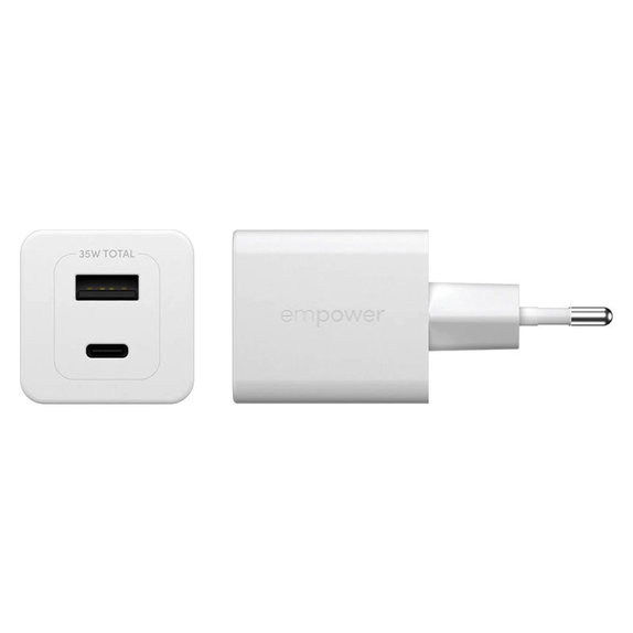 Cestovní adaptér Grand Prix USB-C/USB-A, GaN, 35 W PD, stříbrnobílý, empower