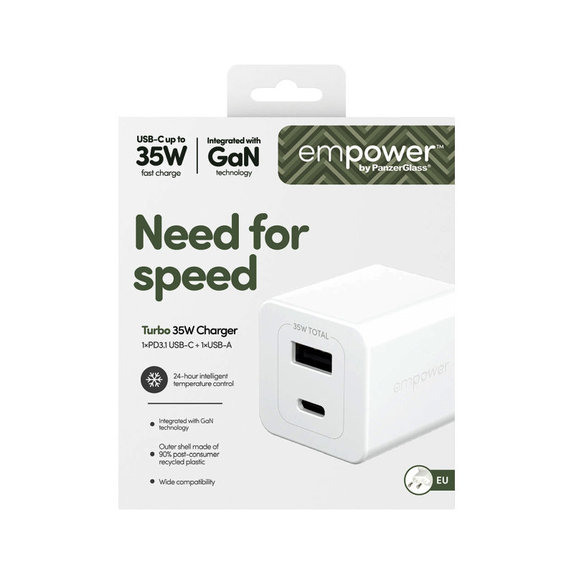 Cestovní adaptér Grand Prix USB-C/USB-A, GaN, 35 W PD, stříbrnobílý, empower