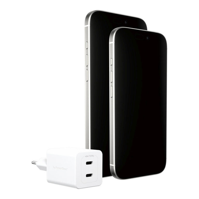Cestovní adaptér Grand Prix 2x USB-C, GaN, 45 W PD, Stříbrnobílá, empower