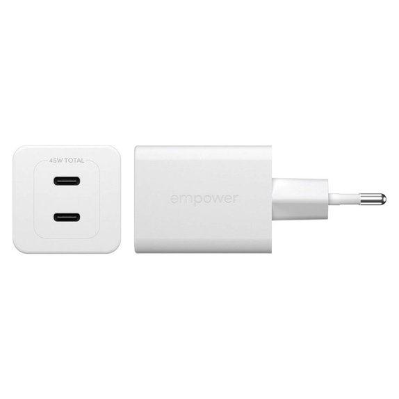 Cestovní adaptér Grand Prix 2x USB-C, GaN, 45 W PD, Stříbrnobílá, empower