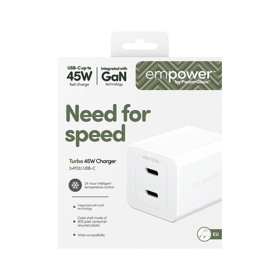 Cestovní adaptér Grand Prix 2x USB-C, GaN, 45 W PD, Stříbrnobílá, empower
