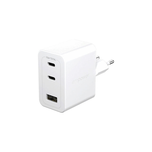 Cestovní adaptér Grand Prix 2x USB-C/USB-A, GaN, 70 W PD, Stříbrnobílá, empower