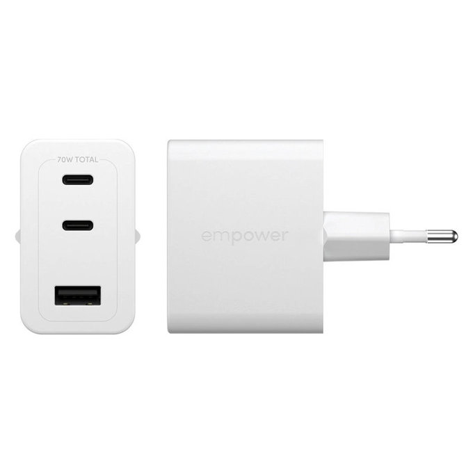Cestovní adaptér Grand Prix 2x USB-C/USB-A, GaN, 70 W PD, Stříbrnobílá, empower
