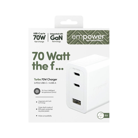 Cestovní adaptér Grand Prix 2x USB-C/USB-A, GaN, 70 W PD, Stříbrnobílá, empower