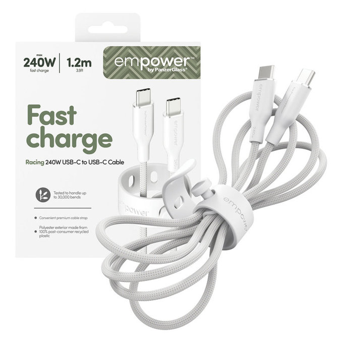 Kabel USB-C, 240 W, Racing, 1,2 m, stříbrnobílý, empower