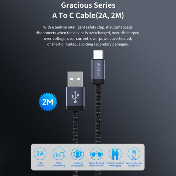 USB / USB-C kabel Gracious, 2.1A, 2m, černá, Devia