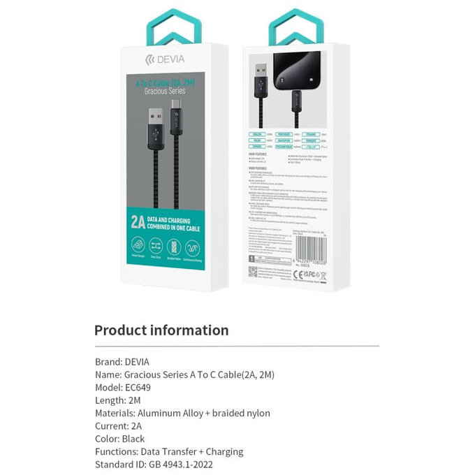 USB / USB-C kabel Gracious, 2.1A, 2m, černá, Devia