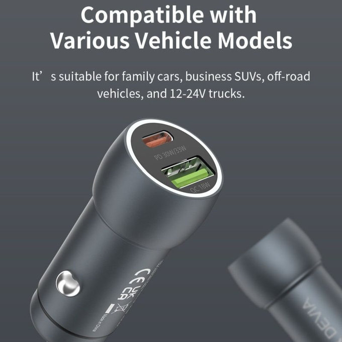 Autonabíječka Extreme Speed USB-C + USB-A, PD 30W, QC 3.0 18W, šedá, Devia