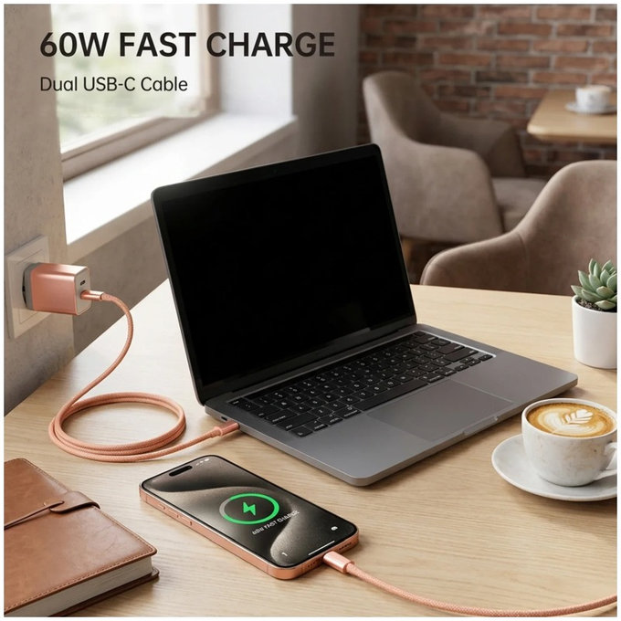Kabel USB-C / USB-C s rychlým nabíjením, PD 60W, 2 m, oranžový