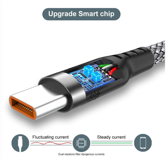 USB-A / USB-C kabel, 6A, 1m, šedý