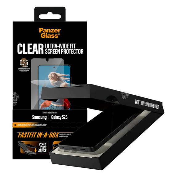 Tvrzené sklo UWF s FASTFIT In-A-Box pro Samsung S26, Transparentní, PanzerGlass