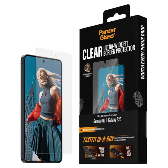 Tvrzené sklo UWF s FASTFIT In-A-Box pro Samsung S26, Transparentní, PanzerGlass