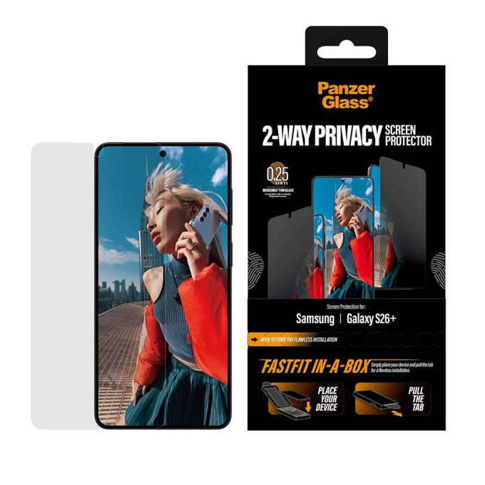 PanzerGlass - Tvrzené sklo UWF 2-Way Privacy s FASTFIT In-A-Box pro Samsung Galaxy S26+, čiré