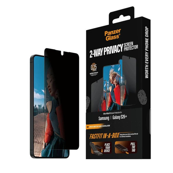 PanzerGlass - Tvrzené sklo UWF 2-Way Privacy s FASTFIT In-A-Box pro Samsung Galaxy S26+, čiré