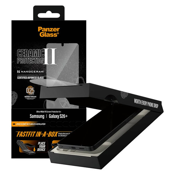 Tvrzené sklo UWF Ceramic s Fastfit In-A-Box pro Samsung Galaxy S26+, Čirá, PanzerGlass