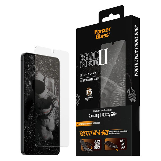 Tvrzené sklo UWF Ceramic s Fastfit In-A-Box pro Samsung Galaxy S26+, Čirá, PanzerGlass