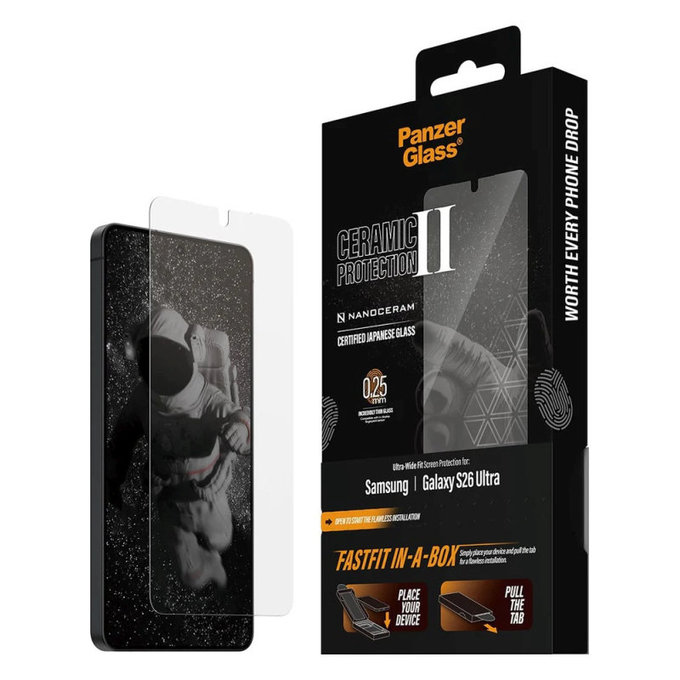 Tvrzené sklo UWF Ceramic s FASTFIT In-A-Box pro Samsung S26 Ultra, Transparentní, PanzerGlass