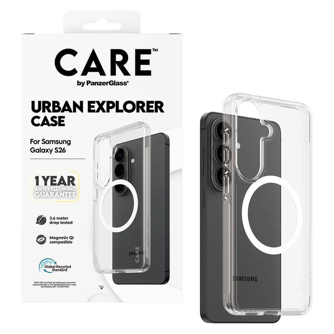 Pouzdro Urban Explorer s bílým QI pro Samsung Galaxy S26, Transparentní, PanzerGlass
