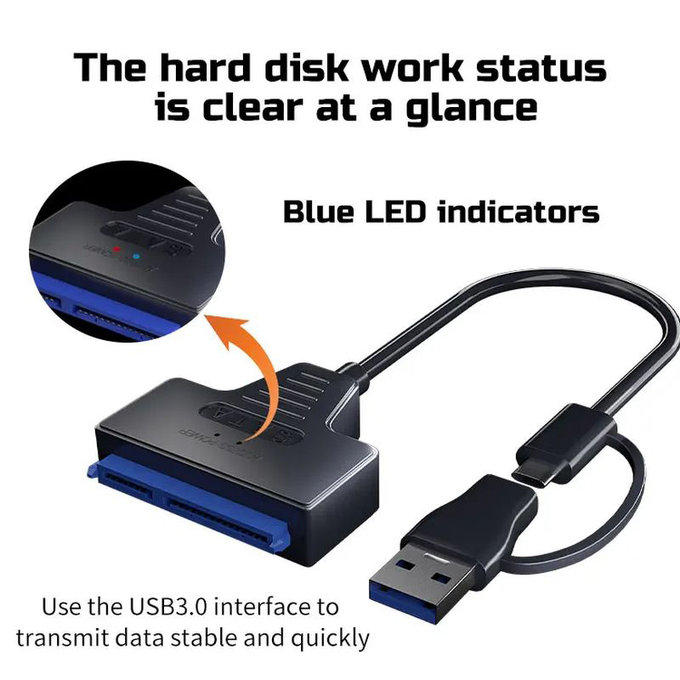 USB 3.0 / USB-C na SATA adaptér pro 2.5" a 3.5" HDD/SSD, s napájecím zdrojem