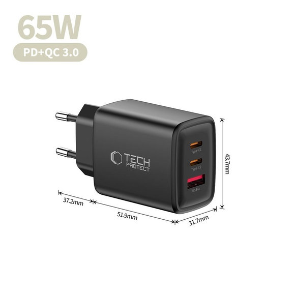 Síťová nabíječka NCA65W-GAN 3-PORT PD 65W / QC3.0, černá, Tech-Protect