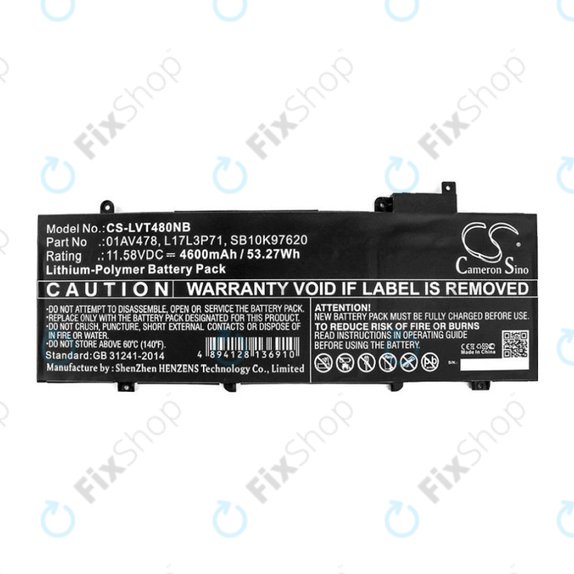Baterie pro Lenovo ThinkPad T480S, 4600mAh, Li-Pol, 11.58V, 01AV478, HQ