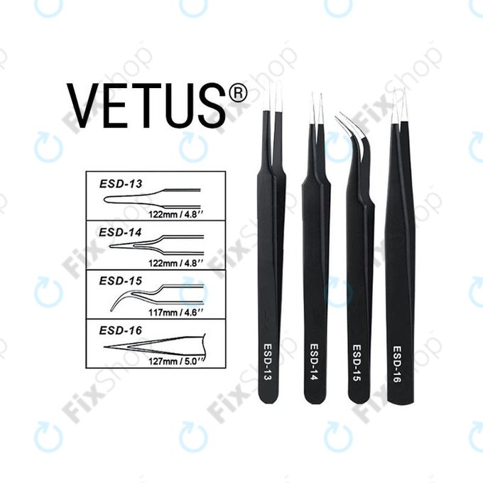 Vetus ESD-15 - Antistatická Kovová Pinzeta s Přehnutou Špičkou (120mm)
