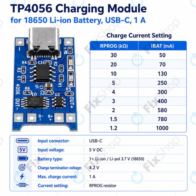Nabíjecí modul TP4056 pro 18650 Li-ion baterii, USB-C, 1A