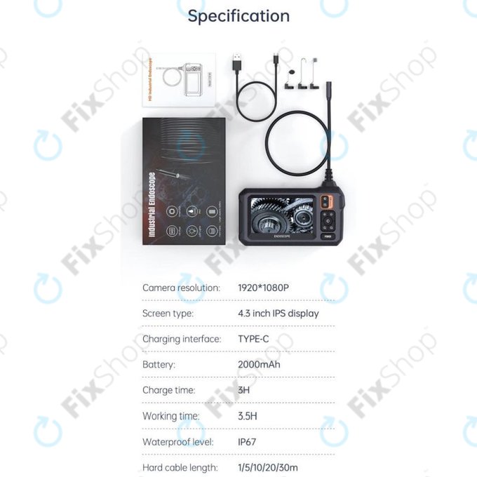 Průmyslová endoskopická kamera se 4,3" IPS displejem, 10m
