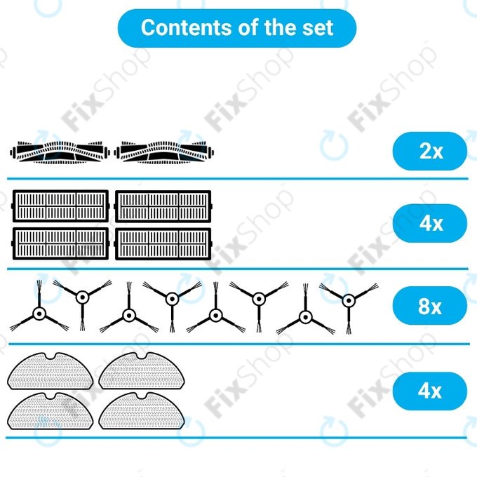 Sada náhradních dílů pro ETA Falco Smart, Silvercrest SSR A1 SSR AL1, Tesla Robostar T83 (2x Hlavní kartáč, 4x Filtr, 8x Boční kartáč, 4x Mopovací útěrka)