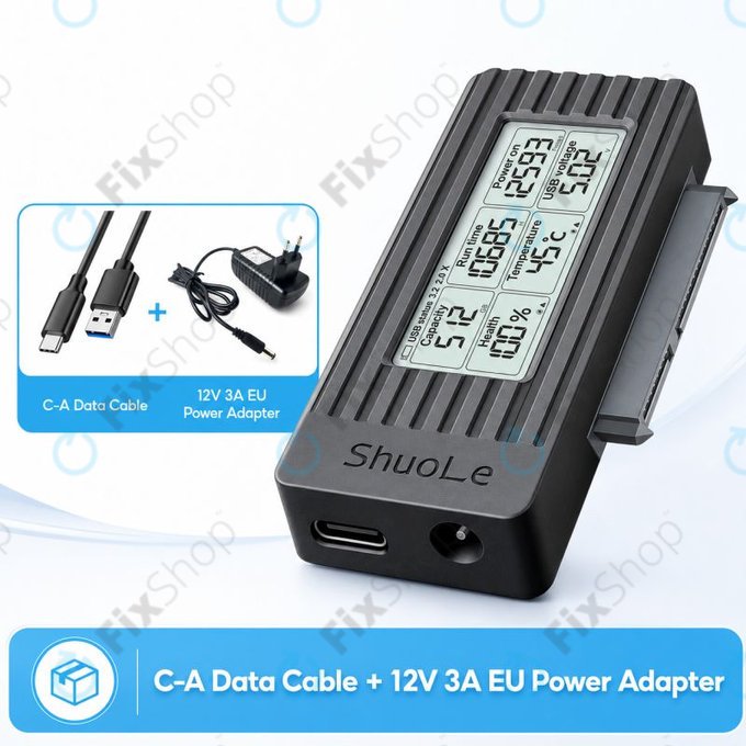 USB-C / USB 3.0 na SATA adaptér pro HDD/SSD s displejem, 12V/3A EU