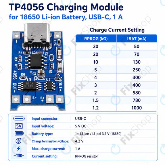 Nabíjecí modul TP4056 pro 18650 Li-ion baterii, USB-C, 1A