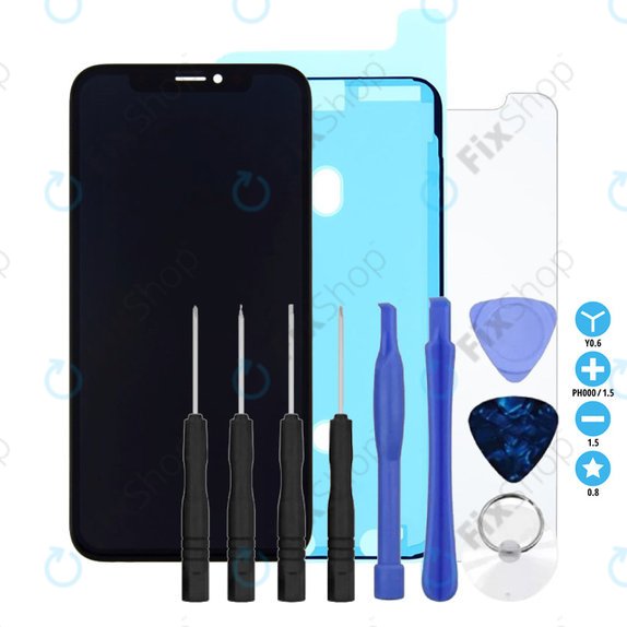 Displej pro iPhone X, Dotykové sklo s rámem, Lepka (Adhesive), Tvrzené sklo, Nářadí