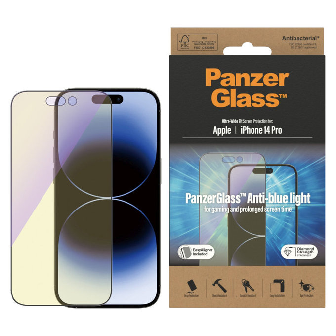 Tvrzené sklo UWF Anti-Bluelight AB s aplikátorem pro iPhone 14 Pro, Černá, PanzerGlass