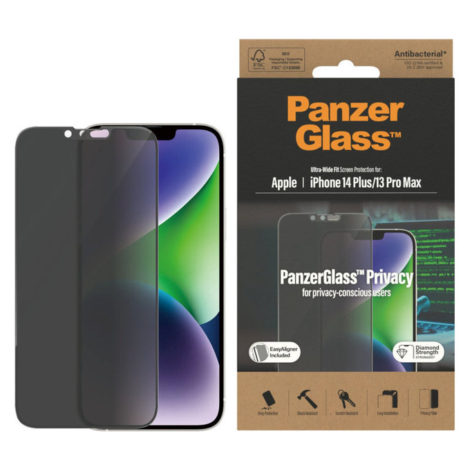 Tvrzené sklo UWF Privacy AB s aplikátorem pro iPhone 14 Plus/13 Pro Max, Černá, PanzerGlass