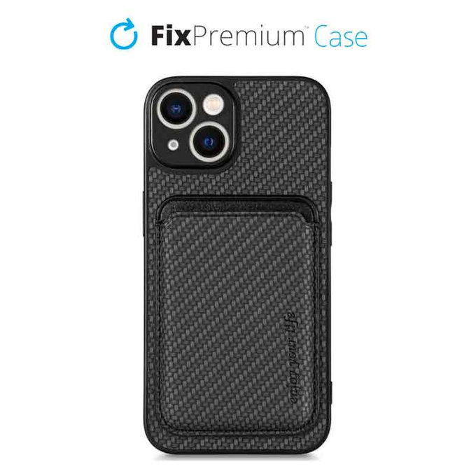 FixPremium - Pouzdro Carbon s MagSafe Wallet pro iPhone 13 a 14, černá