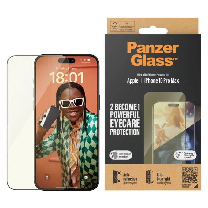 Tvrzené sklo UWF Eyecare s aplikátorem pro iPhone 15 Pro Max, Černá, PanzerGlass