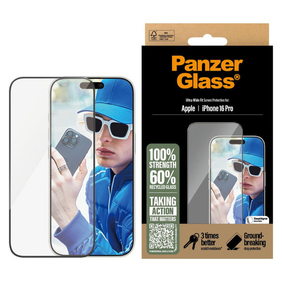 Tvrzené sklo UWF s aplikátorem pro iPhone 16 Pro, Černá, PanzerGlass
