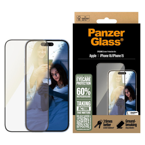 Tvrzené sklo UWF Eyecare s aplikátorem pro iPhone 16/15, Černá, PanzerGlass
