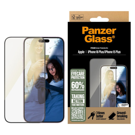 Tvrzené sklo UWF Eyecare s aplikátorem pro iPhone 16 Plus/15 Plus, Černá, PanzerGlass