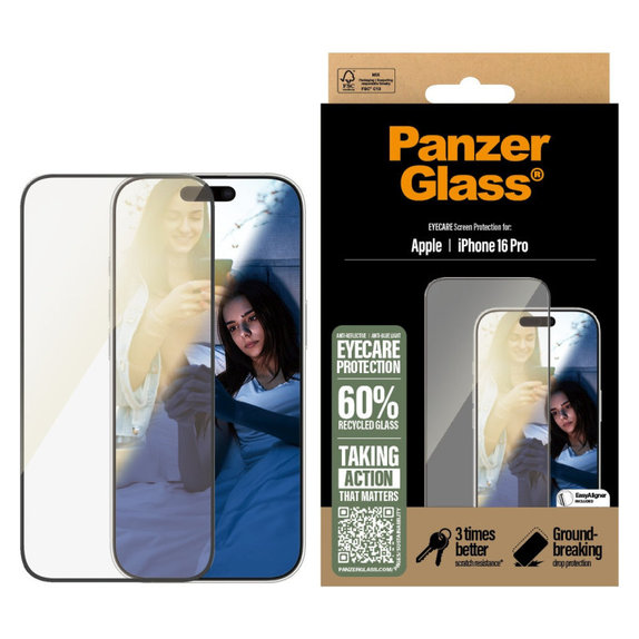 Tvrzené sklo UWF Eyecare s aplikátorem pro iPhone 16 Pro, Černá, PanzerGlass