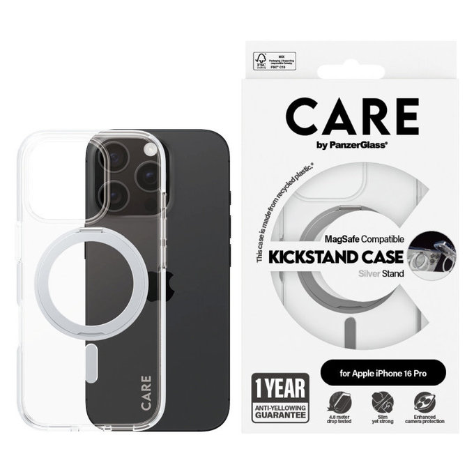 Pouzdro Kickstand s MagSafe pro iPhone 16 Pro, Stříbrná, CARE