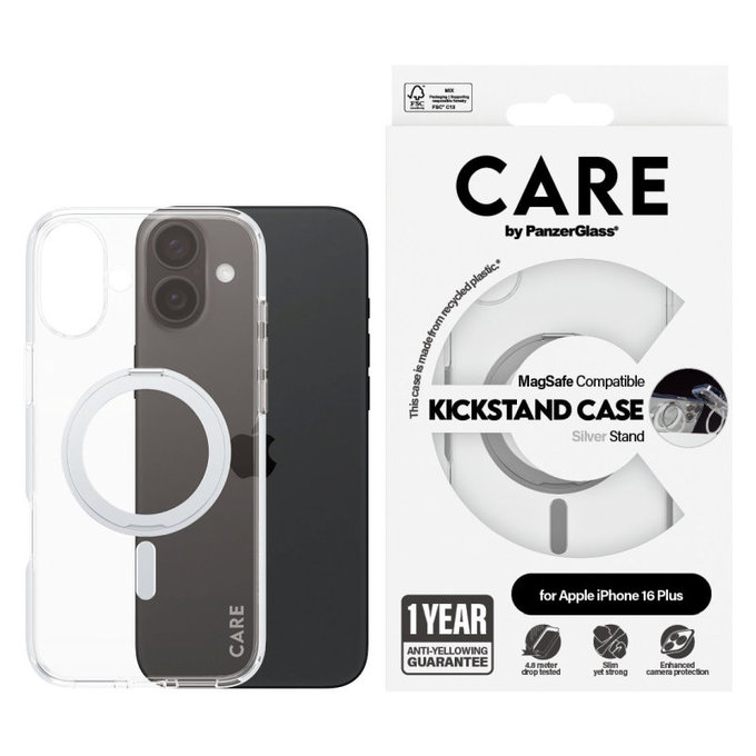 Pouzdro Kickstand s MagSafe pro iPhone 16 Plus, Stříbrná, CARE
