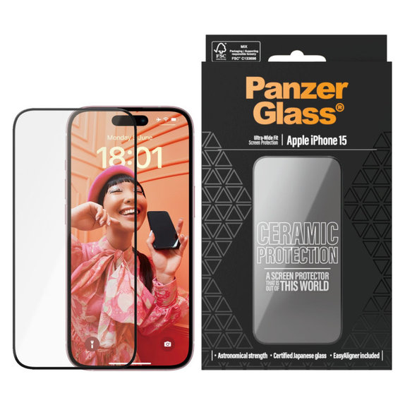 Tvrzené sklo UWF Ceramic s aplikátorem pro iPhone 15, Černá, PanzerGlass