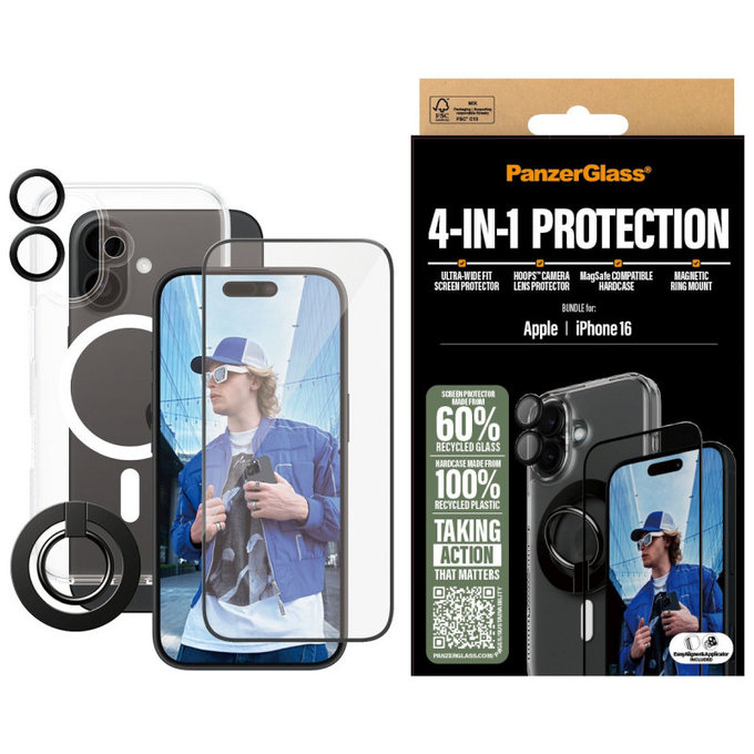 Bundle Hoops + Tvrzené sklo UWF + Hard Case + Magnetic Ring Mount pro iPhone 16, PanzerGlass