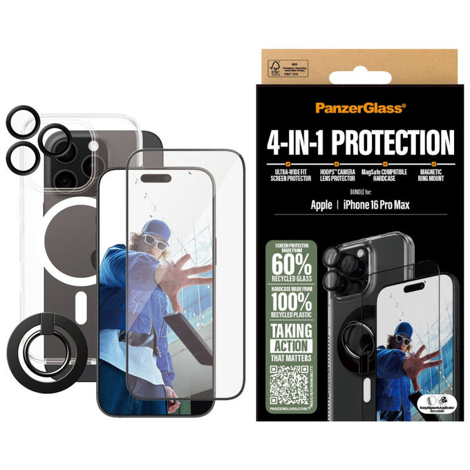 Bundle Hoops + Tvrzené sklo UWF + Hard Case + Magnetic Ring Mount pro iPhone 16 Pro Max, PanzerGlass
