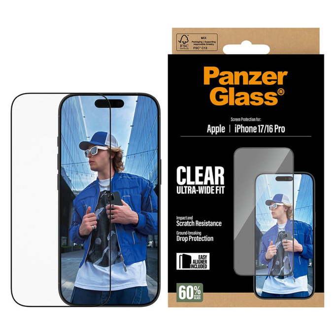 Tvrzené sklo UWF s aplikátorem pro iPhone 17/16 Pro, Černá, PanzerGlass