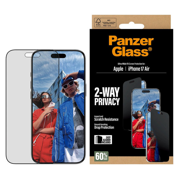 Tvrzené sklo UWF 2-Way Privacy s aplikátorem pro iPhone Air, Černá, PanzerGlass